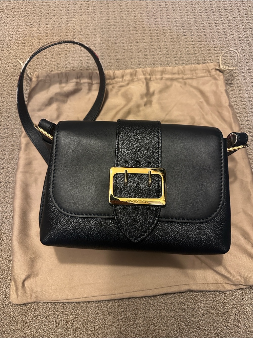 Burberry Black Leather Crossbody Bag with Gold Buckle